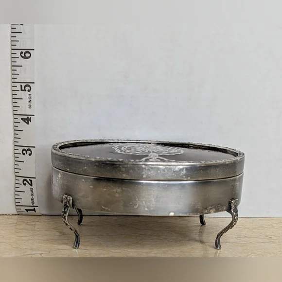 Vintage Tortoise Shell Pattern Silver Tone Metal Oval Jewelry Lidded Box - Picture 14 of 15